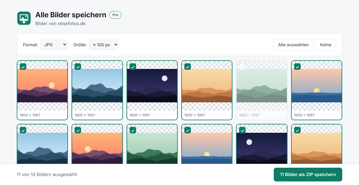 Die Seite „Alle Bilder speichern“ in SnapFormat: eine Vorschau aller Bilder einer Webseite mit Auswahl, Größenfilter, Formatwahl und dem Knopf zum Speichern als ZIP.